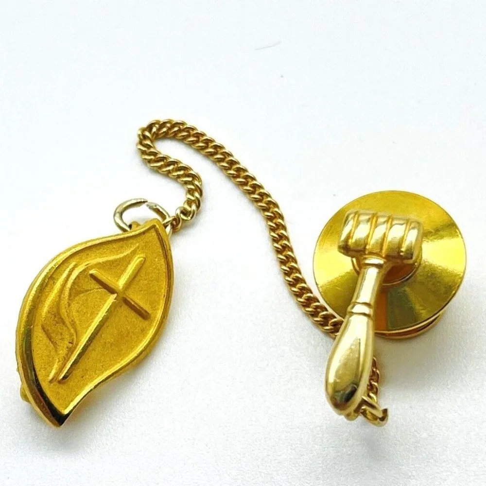 Vintage Gold Tone Leaf Tie Tack Chain Set Christian Gavel Law